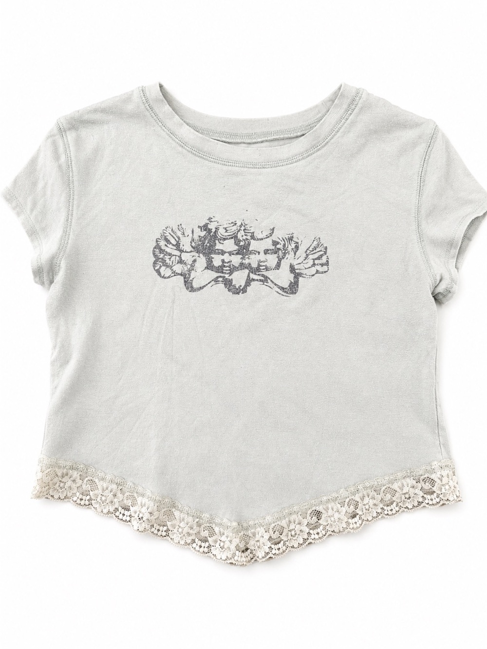 Arizona Jean Co Fairy Cherub Graphic Lace Trim Baby Tee Sage Green Y2K M